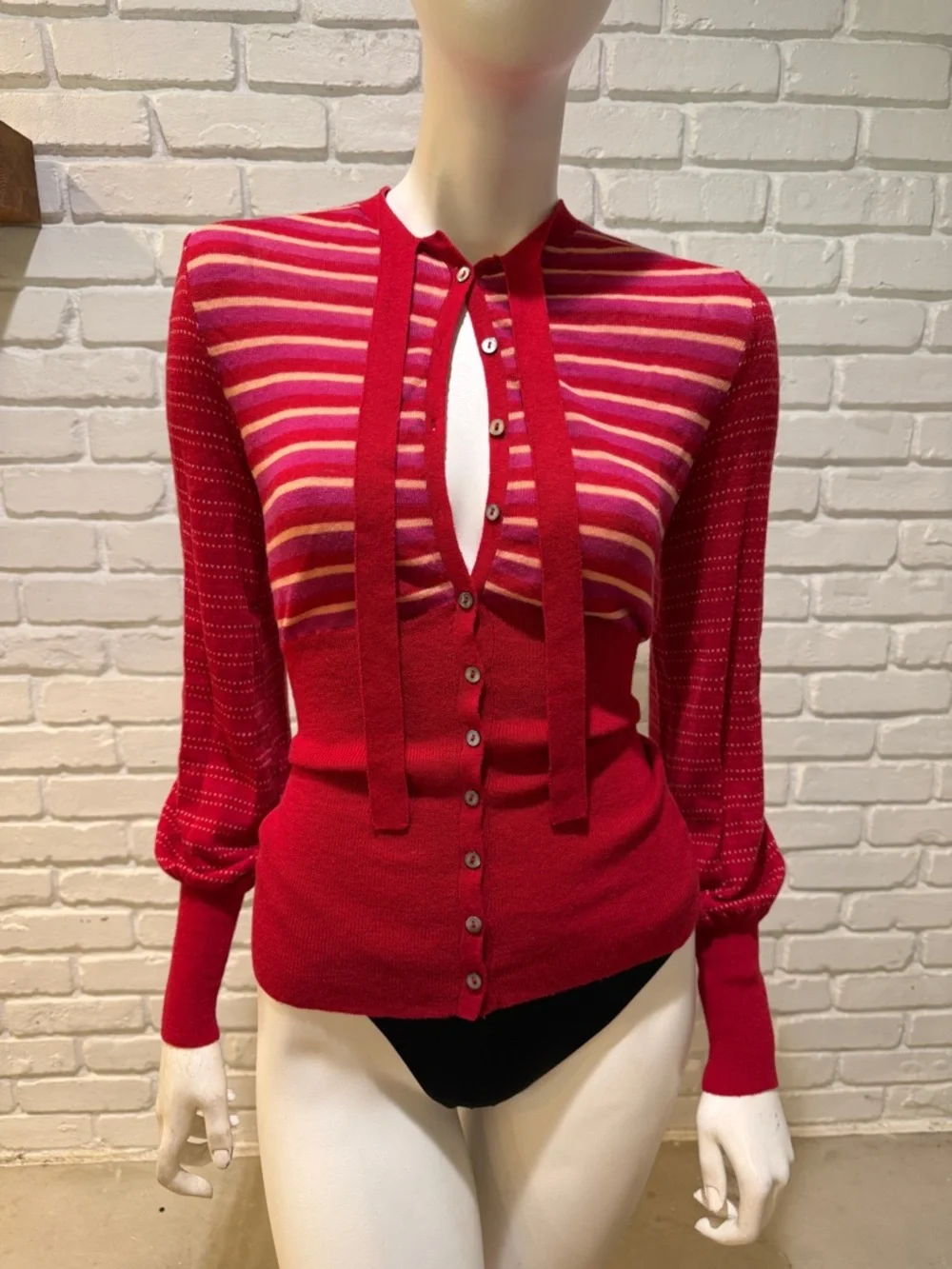 Free People Red Stripe Tie Neck Sweater S NWOT Boho Knit Blouse - Picture 5 of 14